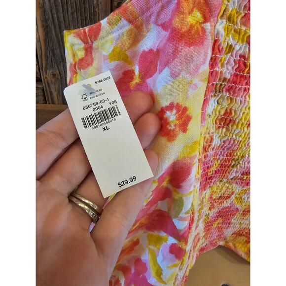 NEW NWT Bright floral linen blend tie strap tank top whimsical summer sz XL pink - Picture 4 of 7